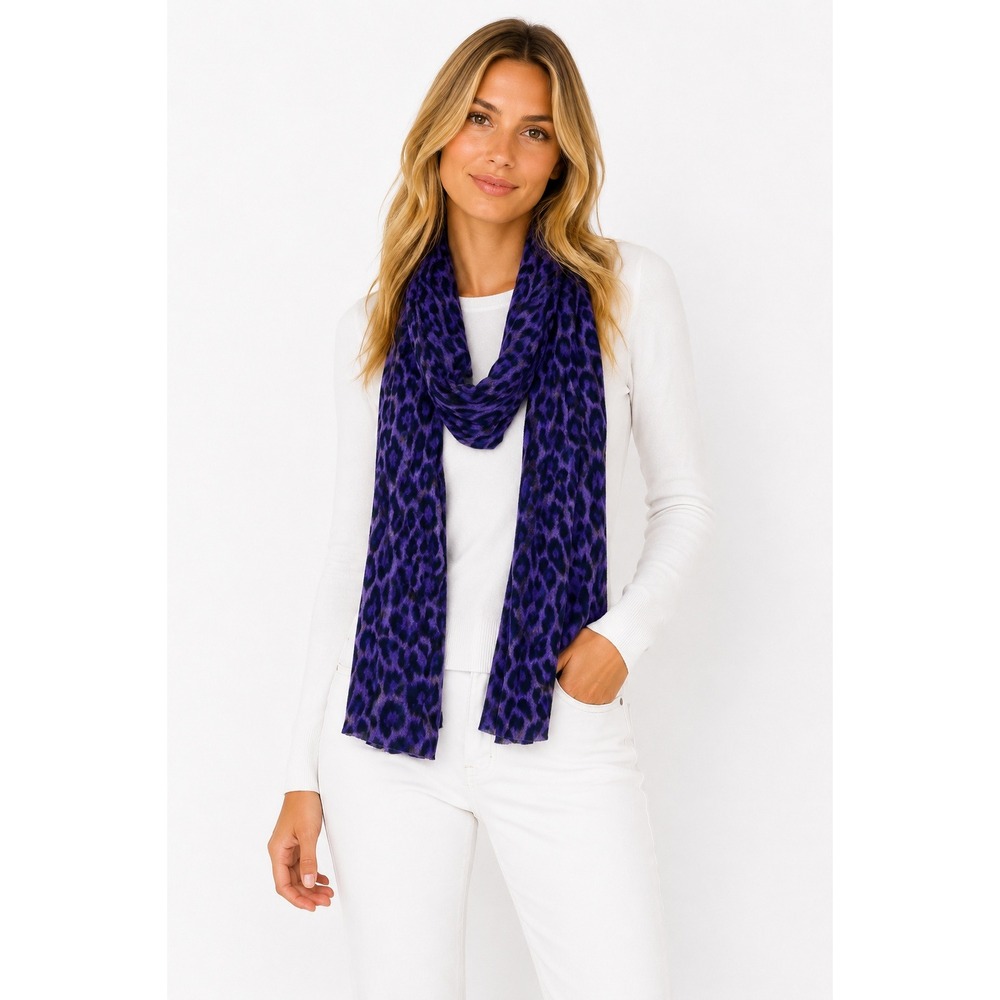 Portolano Scarf Purple Leopard Print Cashmere Soft Rolled Hem One Size Wrap